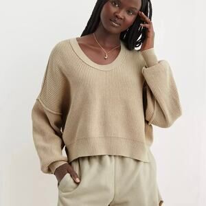 AERIE Beyond Cropped Oversized Knit Sweater Tan Beige Small S